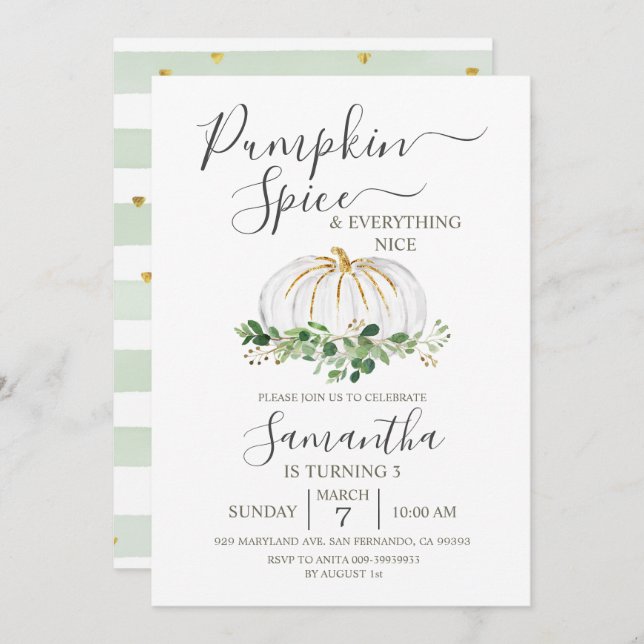 Pumpkin Spice and Everything Nice 3rd Birthday Invitation (Front/Back)