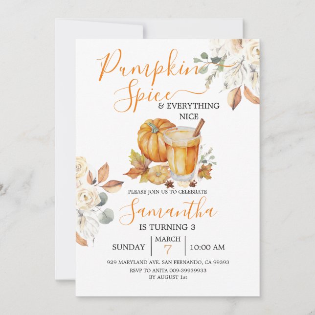 Pumpkin Spice and Everything Nice 3rd Birthday Invitation (Front)