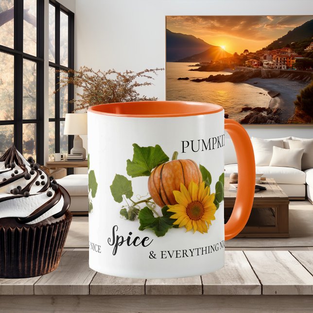 Pumpkin Spice and Everything Nice Fall Mug (Elegant autumn and Thanksgiving mug featuring a pumpkin and sunflower)