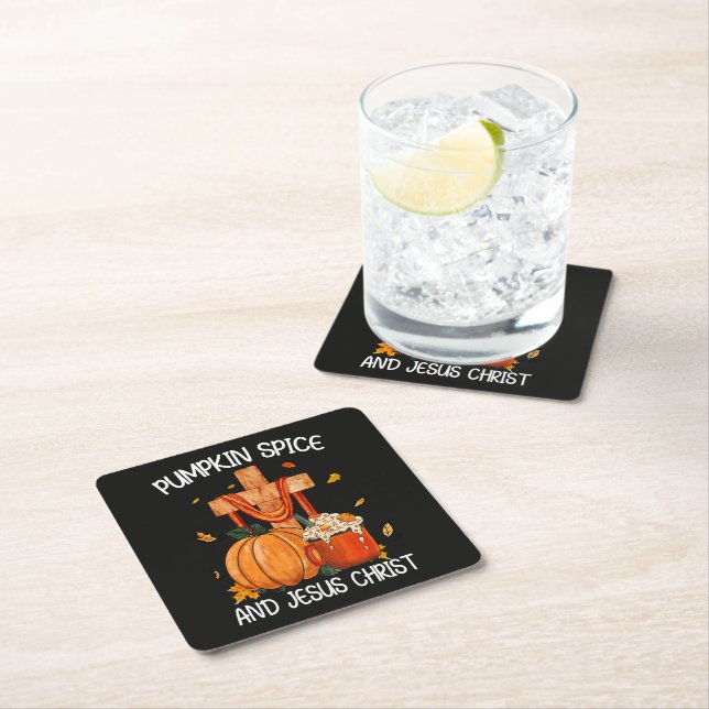 Pumpkin Spice and Jesus Christ Square Paper Coaster (Insitu)