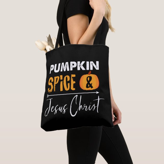 Pumpkin Spice Christian Fall Modern Novelty Tote Bag (Close Up)