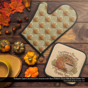 Pumpkin Spice Coffee Art and Autumn Leaves Pattern Oven Mitt & Pot Holder Set