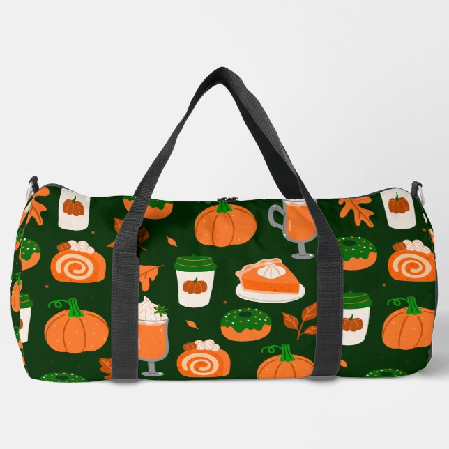 pumpkin spice coffee dark green duffle bag (Front)