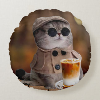 Pumpkin Spice Fall Cat Round Throw Pillow