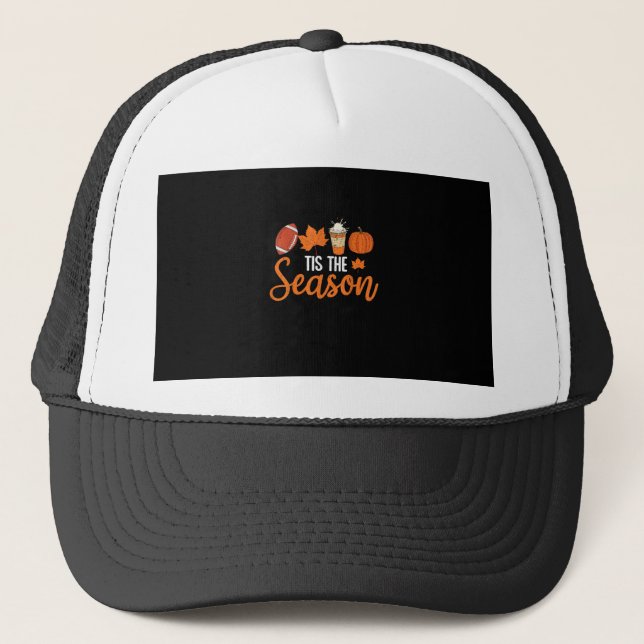 Pumpkin Spice Football Tis The Season Fall Thanksg Trucker Hat (Front)