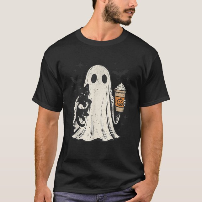Pumpkin Spice Ghost with Black Cat Latte Coffee Ha T-Shirt (Front)
