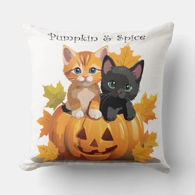 Pumpkin & Spice Kittens Throw Pillow (Front)