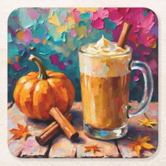 Pumpkin Spice Latte On a Colourful Background Square Paper Coaster