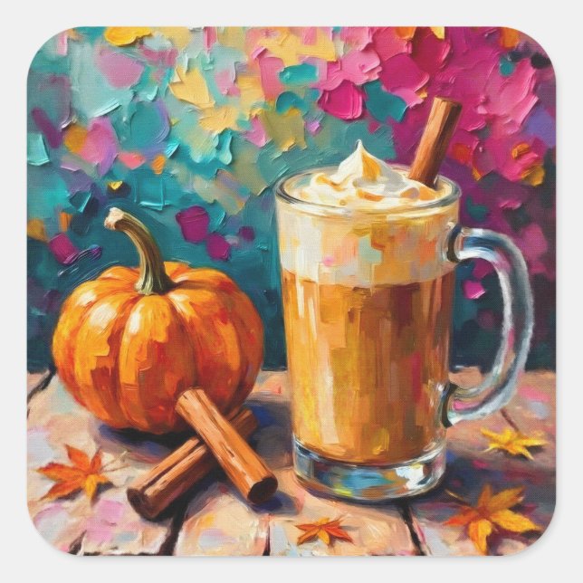 Pumpkin Spice Latte On a Colourful Background Square Sticker (Front)