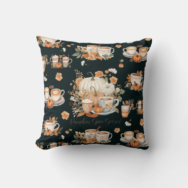 Pumpkin Spice Latte Season Floral Mug Black Fall Cushion (Front)