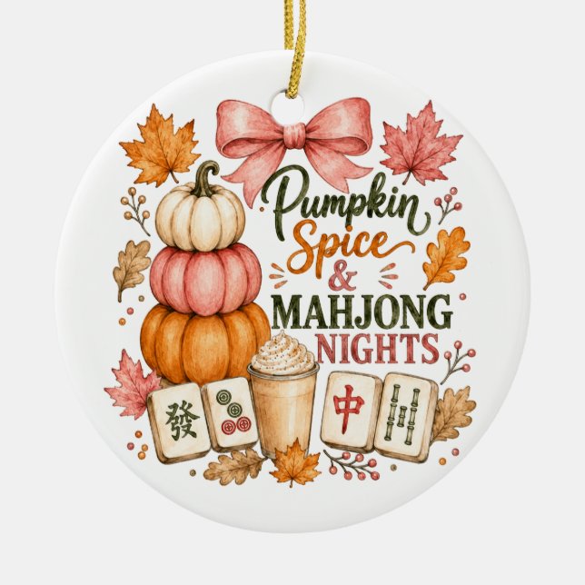 Pumpkin Spice Mahjong Nights Ceramic Tree Decoration (Front)
