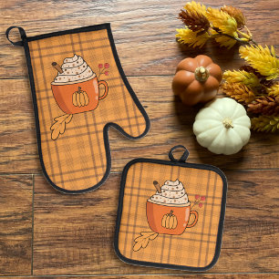 Pumpkin Spice Ochre Plaid Pattern Fall Oven Mitt & Pot Holder Set