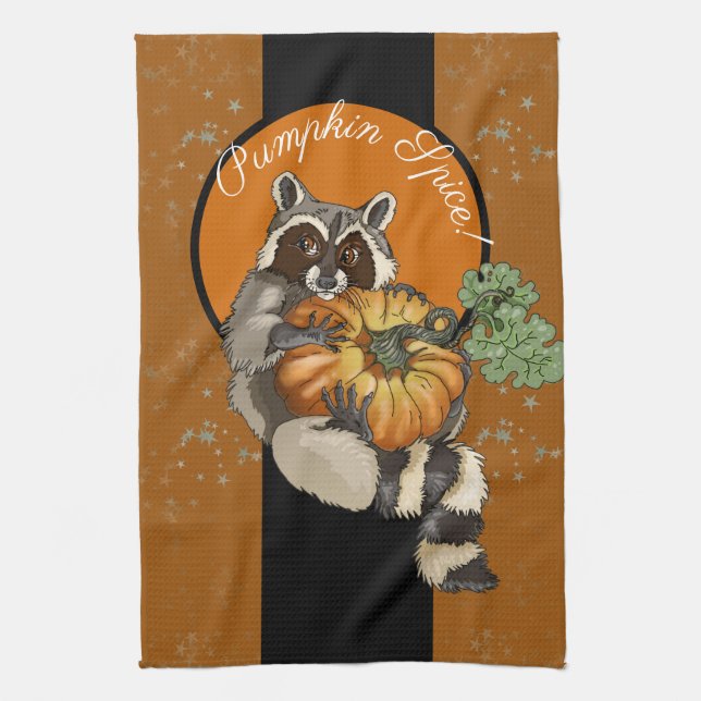 Pumpkin Spice! On a Roll Pumpkin Racoon Tea Towel (Vertical)