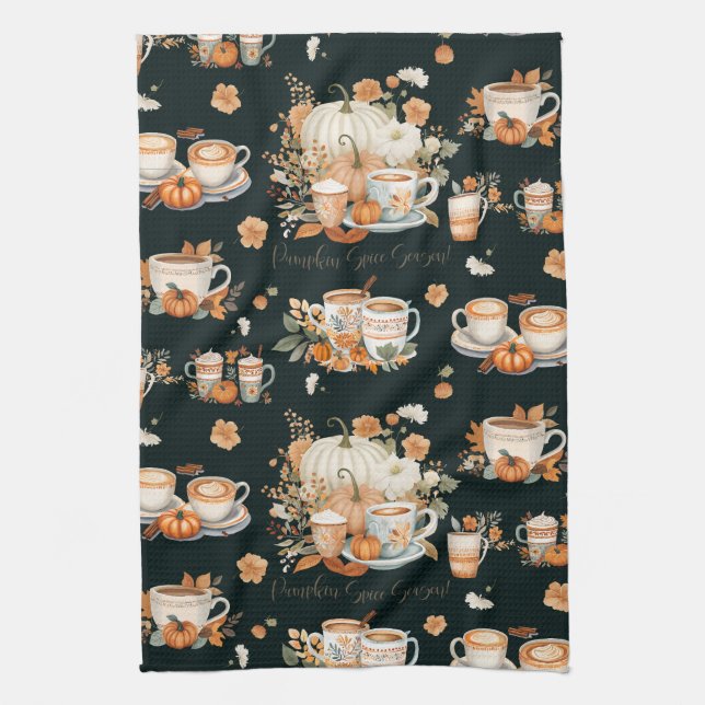 Pumpkin Spice Season Floral Latte Mug Black Tea Towel (Vertical)