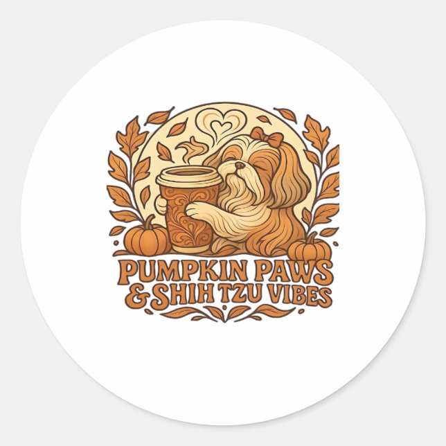 Pumpkin Spice Shih Tzu Retro Autumn Vibes Essentia Classic Round Sticker (Front)