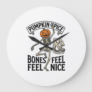 Pumpkin Spice Skeleton Vintage Halloween Dance Shi Large Clock