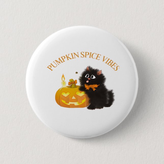 Pumpkin Spice Vibes, Halloween, black cat, pumpkin 6 Cm Round Badge (Front)