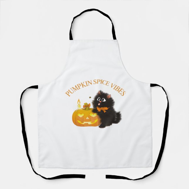 Pumpkin Spice Vibes, Halloween, black cat, pumpkin Apron (Front)