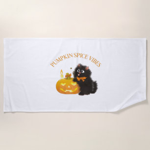 Pumpkin Spice Vibes, Halloween, black cat, pumpkin Beach Towel