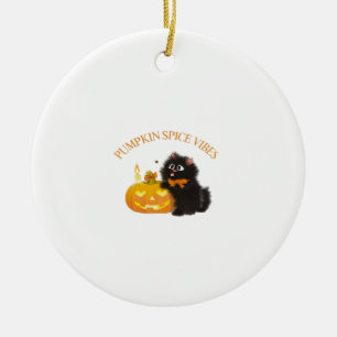 Pumpkin Spice Vibes, Halloween, black cat, pumpkin Ceramic Tree Decoration
