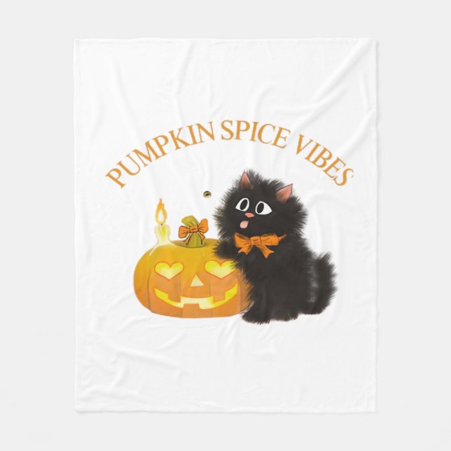 Pumpkin Spice Vibes, Halloween, black cat, pumpkin Fleece Blanket (Front)
