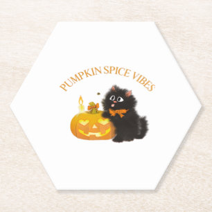 Pumpkin Spice Vibes, Halloween, black cat, pumpkin Paper Coaster