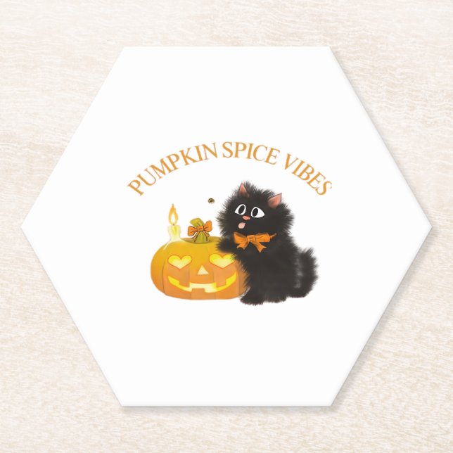 Pumpkin Spice Vibes, Halloween, black cat, pumpkin Paper Coaster (Front)