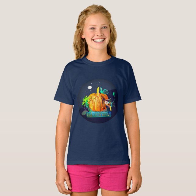 Pumpkin Spirit Magic Fun Halloween Animals & Moon T-Shirt (Front Full)