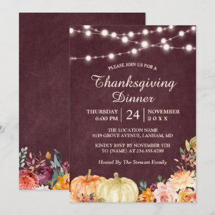Pumpkin String Lights Floral Thanksgiving Dinner Invitation