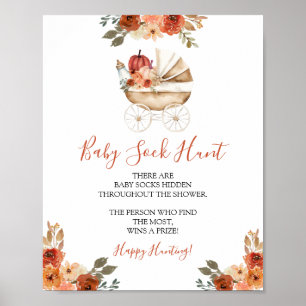 Pumpkin Stroller Floral Baby Shower Baby Sock Hunt Poster