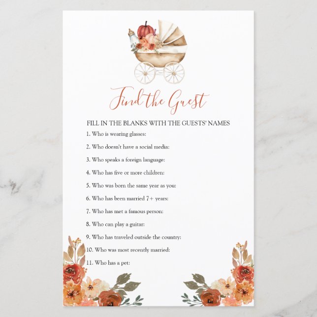 Pumpkin Stroller Floral Baby Shower Find The Guest (Front)