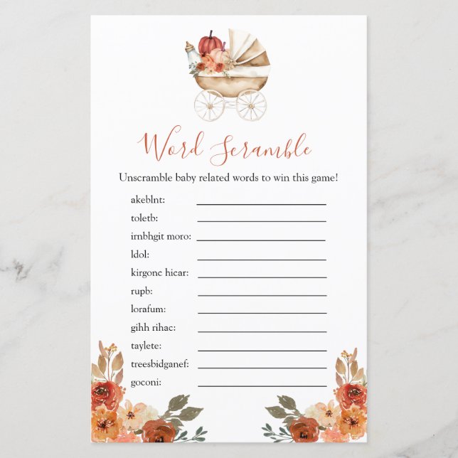 Pumpkin Stroller Floral Baby Shower Word Scramble (Front)