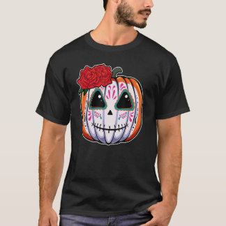 Pumpkin Sugar Skull Head Flower Dead Day Muertos H T-Shirt
