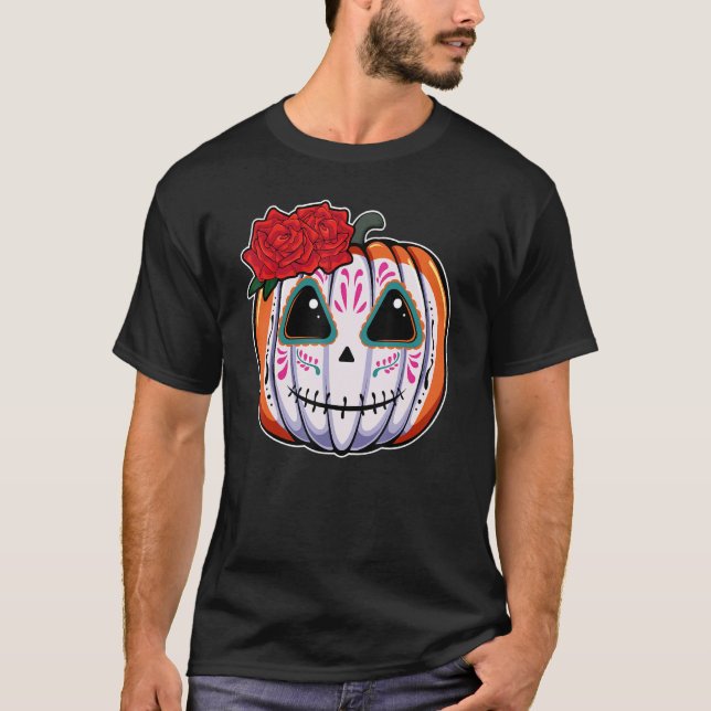 Pumpkin Sugar Skull Head Flower Dead Day Muertos H T-Shirt (Front)