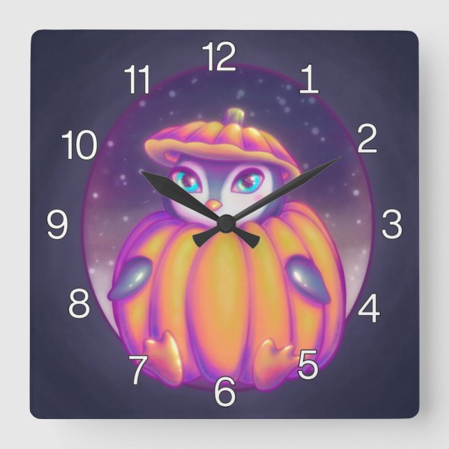 Pumpkin Suit Cute Penguin In Snow Drawing Square Wall Clock (Front)
