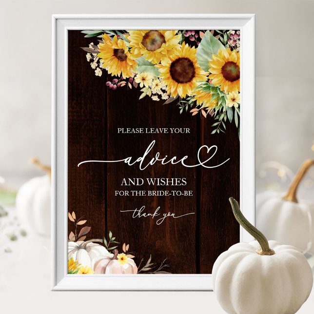 Pumpkin Sunflower Bridal Shower Advice Card Sign (Creator Uploaded)