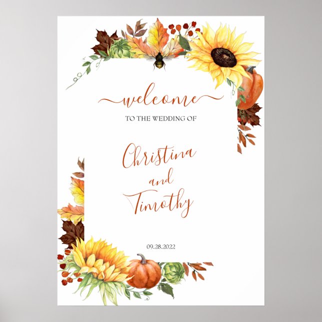 Pumpkin Sunflower Fall Wedding Welcome Poster Sign (Front)