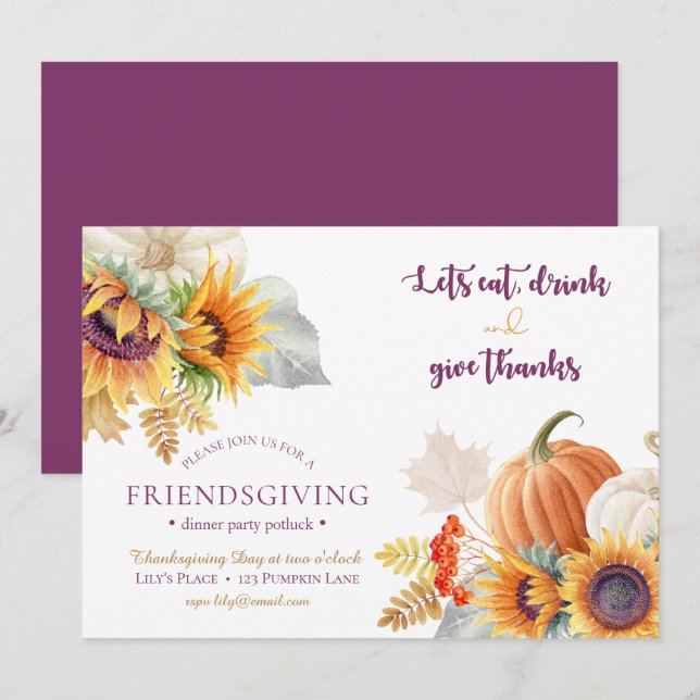 Pumpkin Sunflower Friendsgiving Potluck Invitation (Front/Back)