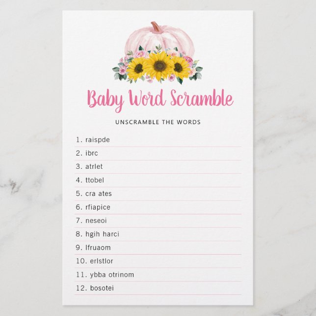 Pumpkin Sunflower Pink Fall Baby Shower Word Game (Front)