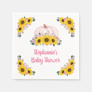 Pumpkin Sunflower Pink Floral Fall Baby Shower Napkin