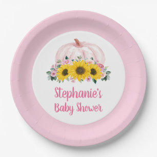 Pumpkin Sunflower Pink Floral Fall Baby Shower Paper Plate