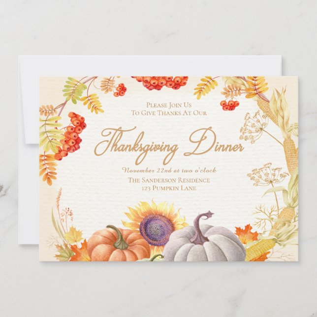 Pumpkin Sunflower Thanksgiving Dinner Invitation (Front)