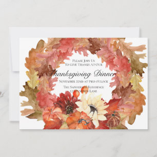Pumpkin Sunflower Wreath Thanksgiving Dinner Invitation