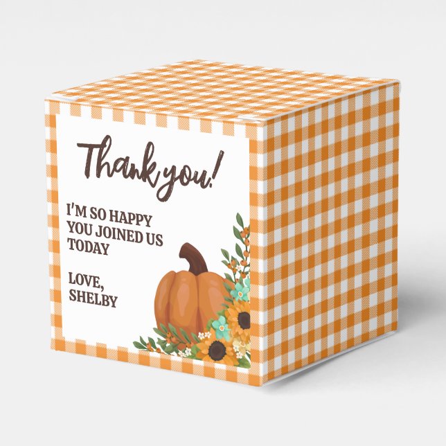 Pumpkin & Sunflowers Orange Gingham Thank You Favour Box (Front Side)