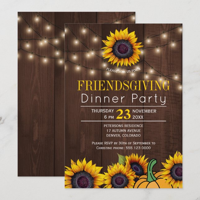 Pumpkin Sunflowers Rustic Barn Wood Friendsgiving Invitation (Front/Back)