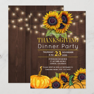 Pumpkin Sunflowers Rustic Barn Wood Thanksgiving Invitation