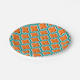 Pumpkin, Teal, White Moroccan Quatrefoil #5DS Paper Plate