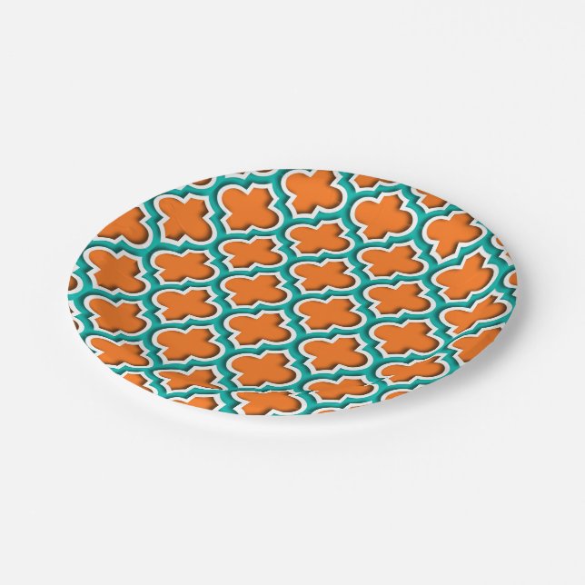 Pumpkin, Teal, White Moroccan Quatrefoil #5DS Paper Plate (Angled)