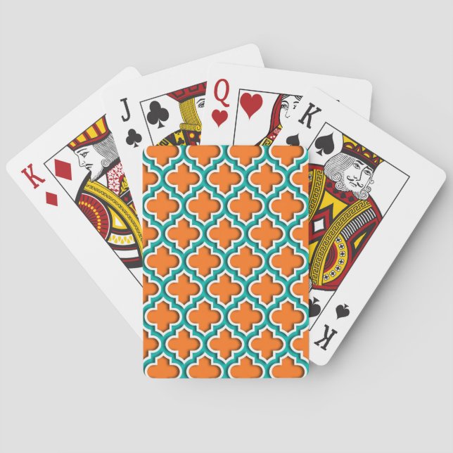 Pumpkin, Teal, White Moroccan Quatrefoil #5DS Playing Cards (Back)