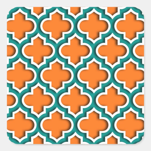 Pumpkin, Teal, White Moroccan Quatrefoil #5DS Square Sticker (Front)